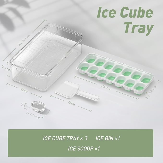 ChefAide Ice Cube Tray with Lid and Bin, 3 Packs 42 Cubes Silicone Plastic Ice Cube Trays for Freezer, Stackable Ice Tray with Container, Ice Scoop for Drinks, Coffee and Cocktails