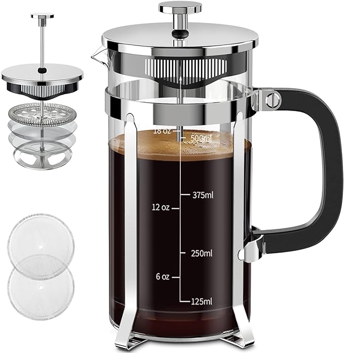 QUQIYSO French Press Coffee Maker 21oz,Borosilicate Glass Coffee Press | Thickened Glass Stainless Steel Coffee French Press,Easy to Clean,4 Filter Suitable for Kitchen Party Camping Gifts(Silver)