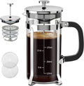 QUQIYSO French Press Coffee Maker 21oz,Borosilicate Glass Coffee Press | Thickened Glass Stainless Steel Coffee French Press,Easy to Clean,4 Filter Suitable for Kitchen Party Camping Gifts(Silver)