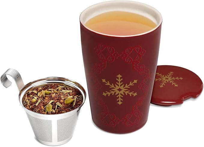 Tea Forte Double-Walled Ceramic Kati Cup, Warming Joy, 12 oz | Insulated Ceramic - Stainless Steel Loose Leaf Infuser - Keeps Tea Hot Longer - Lid Included - Great Teacher Gifts
