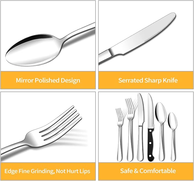 ENLOY 24 Pieces Silverware Set with Steak Knives, Stainless Steel Flatware Cutlery, Include Knife Fork Spoon, Mirror Polished, Dishwasher Safe, Service for 4