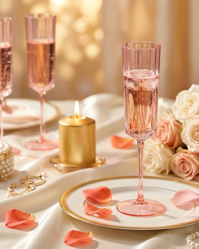 Ciaell 24 Pack Pink Plastic Champagne Flutes for Weddings Birthdays | 6 oz Pink Vintage Flower Wavy Toasting Cups, Heavy Duty Plastic, Champagne Wine Mimosas Cocktails for Parties Bars