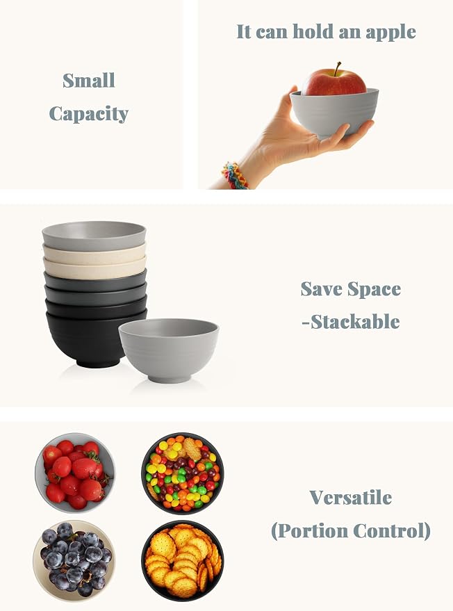 Small Soup Bowls 10 oz Wheat Straw Mini Bowls Set of 8 Alternative Plastic Bowls for Snack,Ice Cream,Dessert,Microwave Safe Bowls for Party,Unbreakable Bowls for Camping,Kitchen-Grey Stone