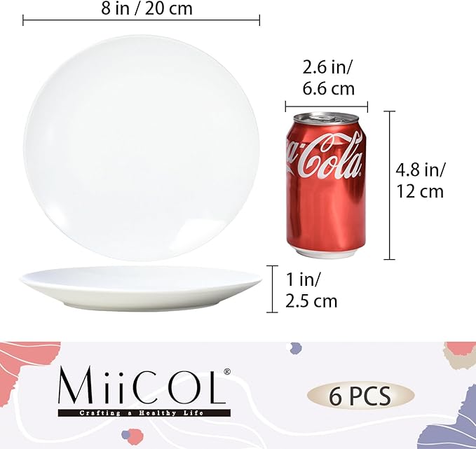 Miicol Ceramic Appetizer Plates Set of 6, White Dessert Plates 8 Inch, Small Dinner Plates, Modern Round Salad Plates, Porcelain Serving Dishes for Snack, Bread, Fruit, Microwave & Dishwasher Safe