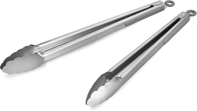 304 Stainless Steel Kitchen Cooking Tongs, 14 & 16 Inch, Set of 2, Grey | Locking Food Tongs with Non-slip Grips and Hanging Loops for Cooking, Grilling, BBQ and Serving, Dishwasher Safe
