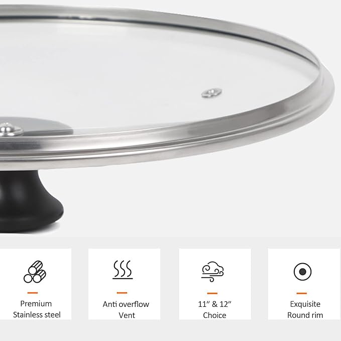 Glass Lid for 11 in Frying Pan, Tempered Replacement Top for 11 inches Cookware, Skillets, Stainless Steel Pans &Pots, Cast Iron, Cast Aluminium Pans, Dutch Ovens 28 cm