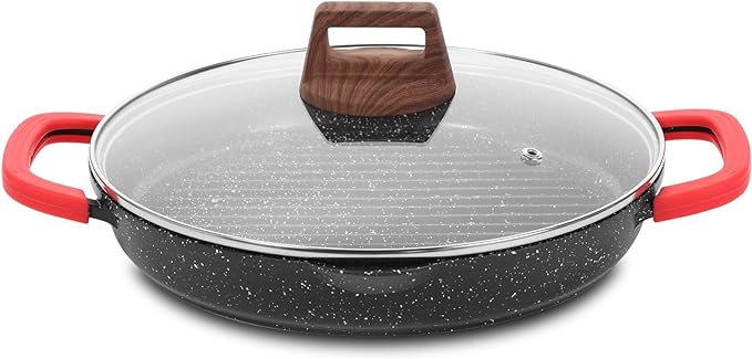 ESLITE LIFE Nonstick Grill Pan with Lid & Tongs for Stove Tops, 11 Inch Versatile Round Big Grilling Steak Pan with Pour Spouts for Indoor & Outdoor Cooking, PTFE & PFOA Free, Black