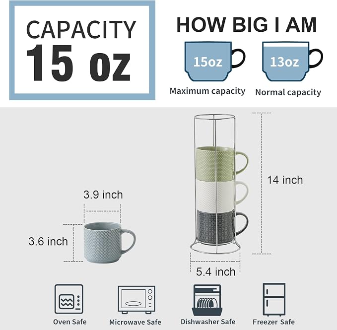 HASENSE Coffee Mugs with Metal Stand,15 oz Ceramic Stackable Mug Set Embossed Latte Cup, Ceramic Coffee Cups with Handle for Cappuccino and Tea, Multi Color