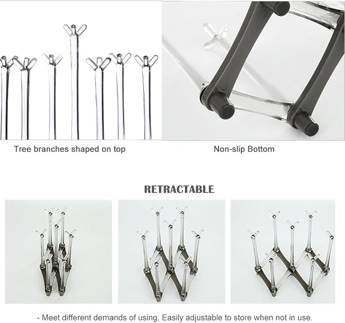 Marbrasse Retractable Cup Drying Rack, Drinking Glass and Sports Bottle Drainer Stand, Plastic Bag Dryer with Non-Slip Bottom for Kitchen Countertop, 2p