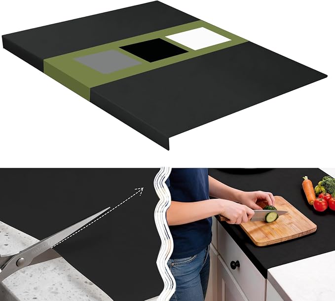 Silicone Mat for Kitchen Counter with Edge Protection – Quartz Countertop Protector, Heat Resistant & Non-Slip, Easy Clean, 100% Food Grade Silicone, 28"x20" (Black)