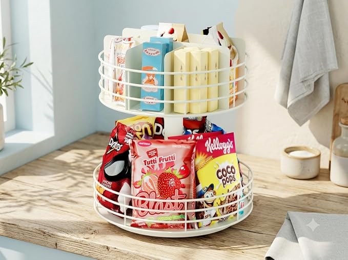 Snack Organizer - Versatile Snack Storage 2 Tier Lazy Susan with Convenient Grab-and-Go Design, Metal Snack Holder for Home, Office, Breakroom, 12.13" L x 12.13" W x 12.56" H (Matte White)