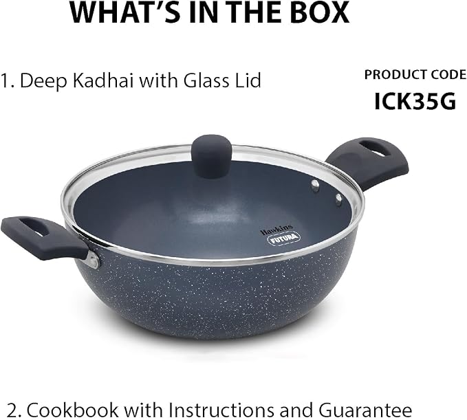 HAWKINS Ceramic Nonstick 3.5 Litre Deep Kadhai, Induction Deep Fry Pan with Glass Lid, Granite Kadai (ICK35G)