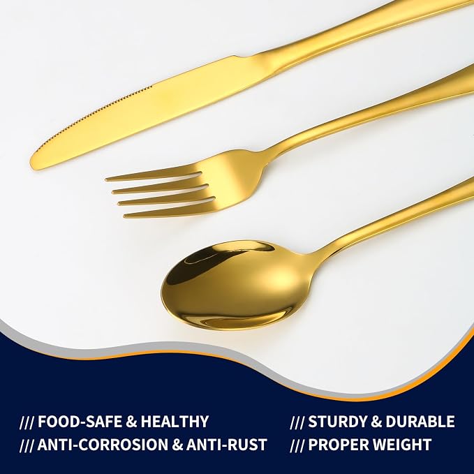 Lazycorner 53 Piece Gold Silverware Set for 8, Flatware Set with Steak Knives for 8 and 5 Public Serving Use Set 18/10 Stainless Steel Utensils Set Cutlery Set For Restaurant Hotel Dishwasher Safe