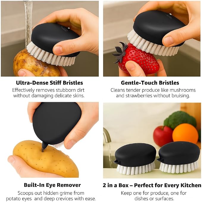 2-Pack Produce Brush for Potatoes, Carrots and Roots, Black | Firm and soft bristles for potatoes, carrots, roots, fruits, greens