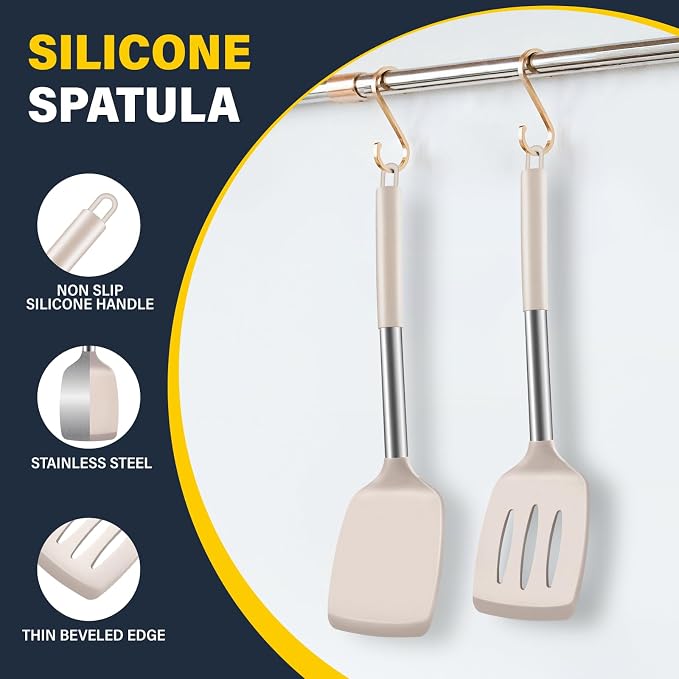 2 Pack Silicone Spatula Set, Solid & Slotted Turner for Non-Stick Pans, High Heat Resistant Silicone Spatula for Cooking, BPA-Free Stainless Steel Cooking Utensils for Fish, Eggs, Pancakes, Khaki