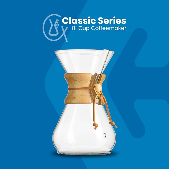 CHEMEX Bundle - 8-Cup Classic Series - 100 ct Square Filters - Exclusive Packaging | Manual Drip Brewer with Square Bonded Filters, Borosilicate Glass, Coffee Gift Set