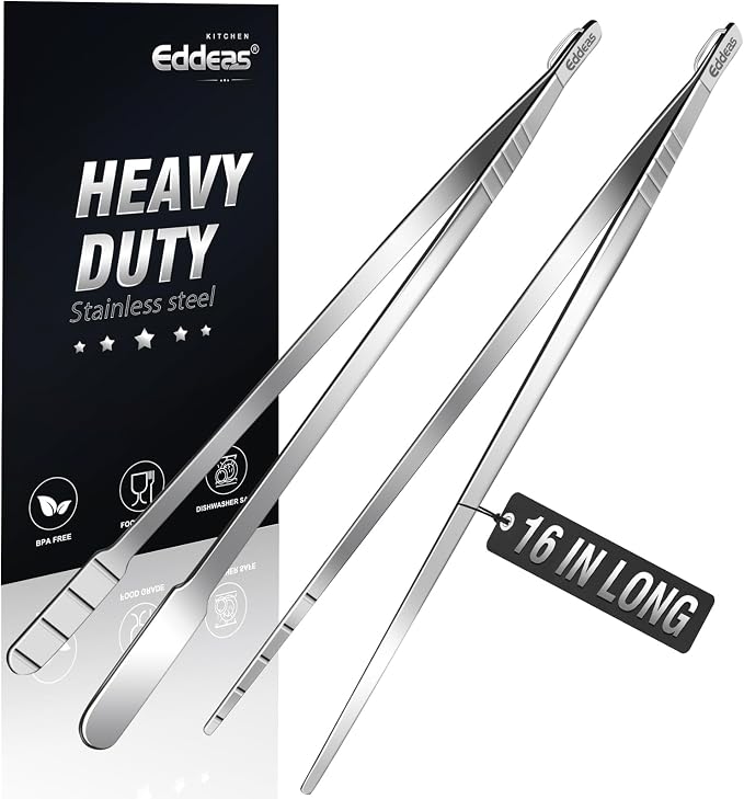 Eddeas 16 Inch long Kitchen Tweezers - 2 Pack large Tweezer Tongs for Cooking, Heavy Duty Stainless Steel Heat Resistant 600°F Food tweezers, Dishwasher safe