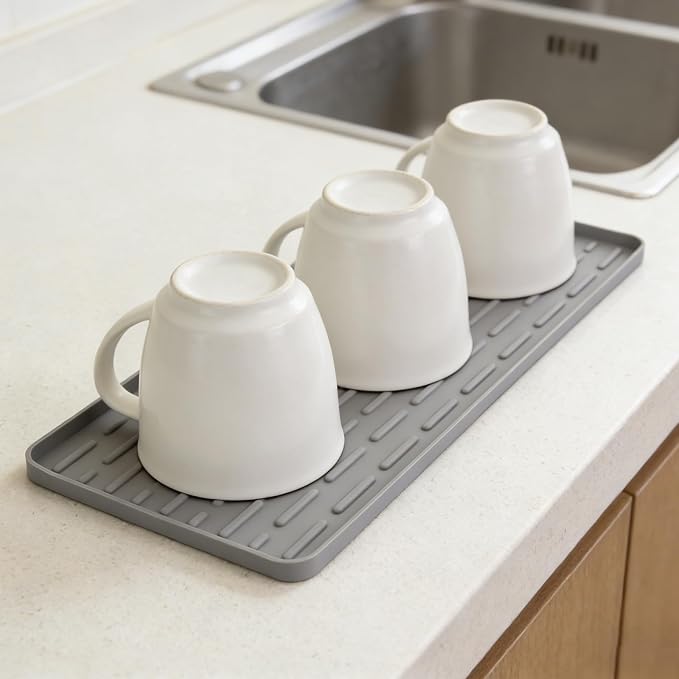 Silicone Coffee Mat 16 x 7 in Classic Grey | Coffee bar mat for countertop use Heat-Resistant,Eco-friendly,Hygienic Drying Pad,Leak-Proof and Non-Slip