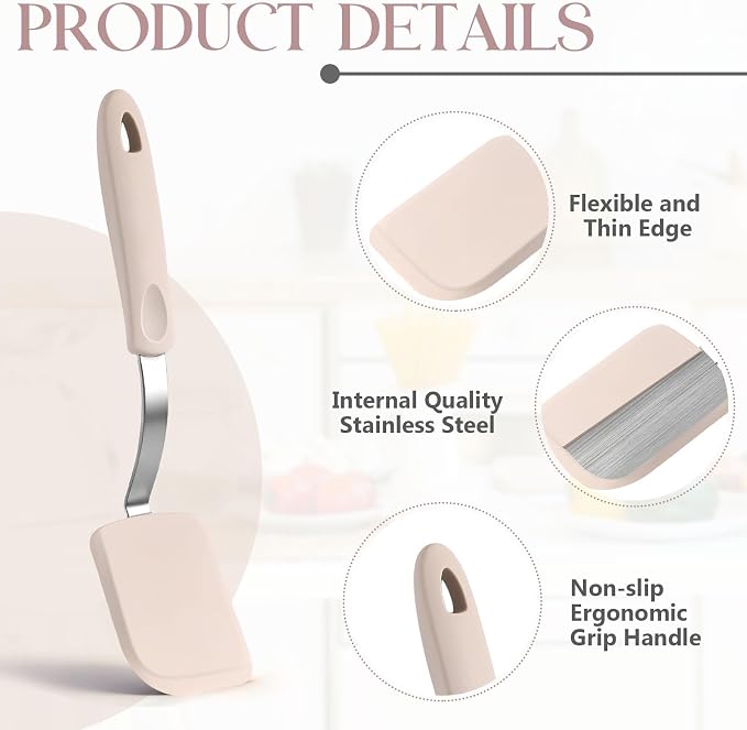 Silicone Cookie Spatula Turner 2 Pack Mini Brownie Spatula Flexible Kitchen Small Silicone Turner for Nonstick Cookware Heat Resistant No Scratch Flipper for Egg(Solid Flat,Khaki)