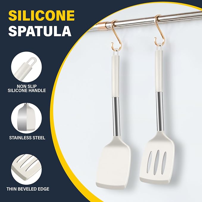 2 Pack Silicone Spatula Set, Solid & Slotted Turner for Non-Stick Pans, High Heat Resistant Silicone Spatula for Cooking, BPA-Free Stainless Steel Cooking Utensils for Fish, Eggs, Pancakes, Beige