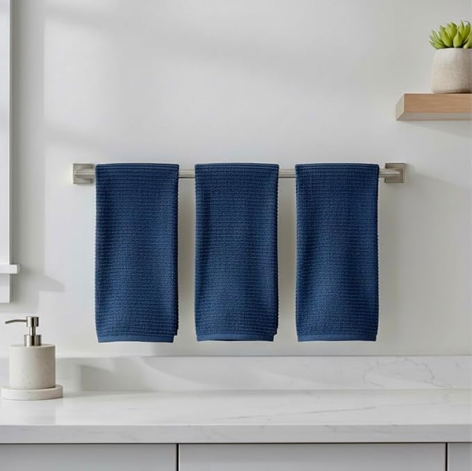 Royal Navy Blue Kitchen Hand Dish Towels, Set of 3, 100% Cotton, 18" x 28" | Terry Loop Ribbed Textured, Soft & Absorbent Cleaning Cloth, Quick Dry, Multipurpose for Everyday Use