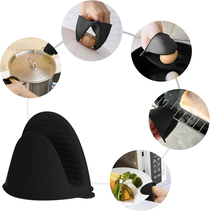 Vaincre 4PCS Heat Resistant Silicone Oven Mitts & Potholders, All Black | Food Grade Silicone, Non-Slip Grip, Waterproof, Mini Size, Flexible, Dishwasher Safe, For Cooking Baking Grilling BBQ