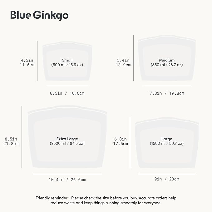 Blue Ginkgo Silicone Food Storage Bags, 4-Pack, Reusable, Made in Korea | Leakproof. Stand Up. Freezer and Dishwasher Safe. (Clear)