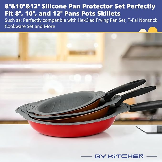 BYKITCHEN 3PCS Silicone Pan Protectors with 6PCS Felt Pot Separators Pads | Cookware Dividers for Stacking and Protecting Your Cookware,Compatible with Hexclad Cookware, Tfal Nonstick Frying Pans &More
