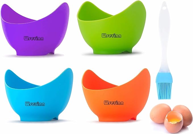 Poached Egg Cooker, Egg Poachers Silicone Egg Poacher Cups with Ring Standers, Non Stick Egg Poaching Cup for Microwave Stovetop Air Fryer Egg Cooking, 4 Pack, Extra Oil Brush Included