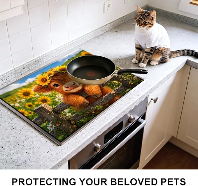 Farmhouse Highland Cow Stove Top Cover 28x20 Inch Electric Stove Cover | Heat Resistant Cooktop Protector Mat with Non-Slip Backing, Scratch Protection and Countertop Drying Mat.
