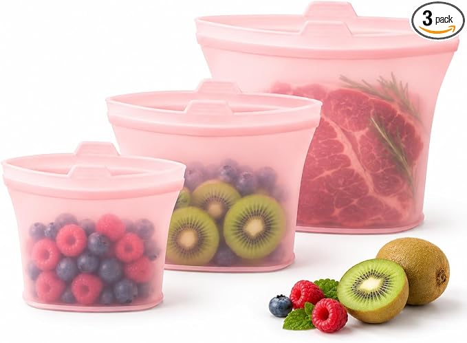 Reusable Silicone Food Storage Bags, 3 Pack 17/34/50 oz, Snack & Meal Prep(Pink)