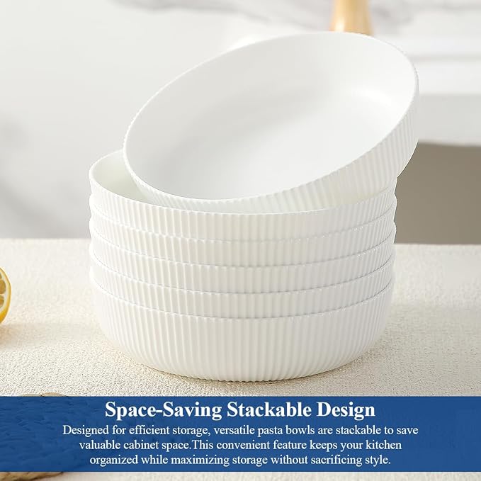 HOMQUEN Pasta Bowls Set of 6, 37oz Salad Bowls White Soup Bowls, Large Pasta Serving Bowls, Unbreakable Plastic Dinner Bowls, Dinnerware Sets,Valentines Day Gift, Dishwasher Safe (White)