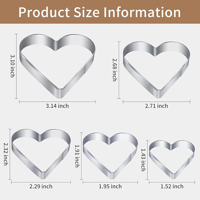 5 Pcs Heart Cookie Cutter,Heart Shaped Cookie Cutters for Baking | Stainless Steel Biscuit Cutters for Valentine's Day Birthday, Wedding,Holiday,Party