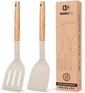 Pack of 2 Silicone Cooking Spatula, Heat Resistant Solid Turner, Non Stick Slotted Spatulas with Wooden Short Handle,Ideal Wood Kitchen Utensils Set for Frying, Baking, Flipping, Turning