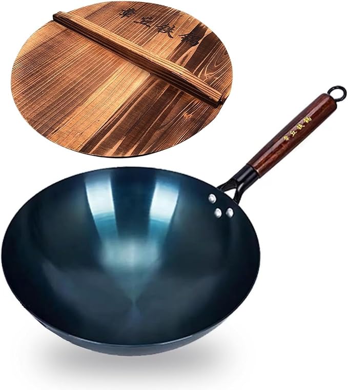14-Inch Carbon Steel Wok, Round Bottom Traditional Chinese Wok with Wooden Handle and Wooden Lid, Uncoated Non-Stick Wok for Gas Stoves, Home Cooking, Camping, and as a Gift