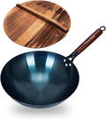 14-Inch Carbon Steel Wok, Round Bottom Traditional Chinese Wok with Wooden Handle and Wooden Lid, Uncoated Non-Stick Wok for Gas Stoves, Home Cooking, Camping, and as a Gift
