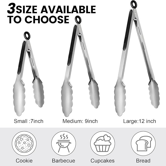 Chengu 12 Pack Stainless Steel Kitchen Tongs 7/9/12 Inches Food Serving Tongs Non Stick Cooking Clips for Kitchen Cooking Barbecue Buffet Wedding Family Gathering Grill Salad
