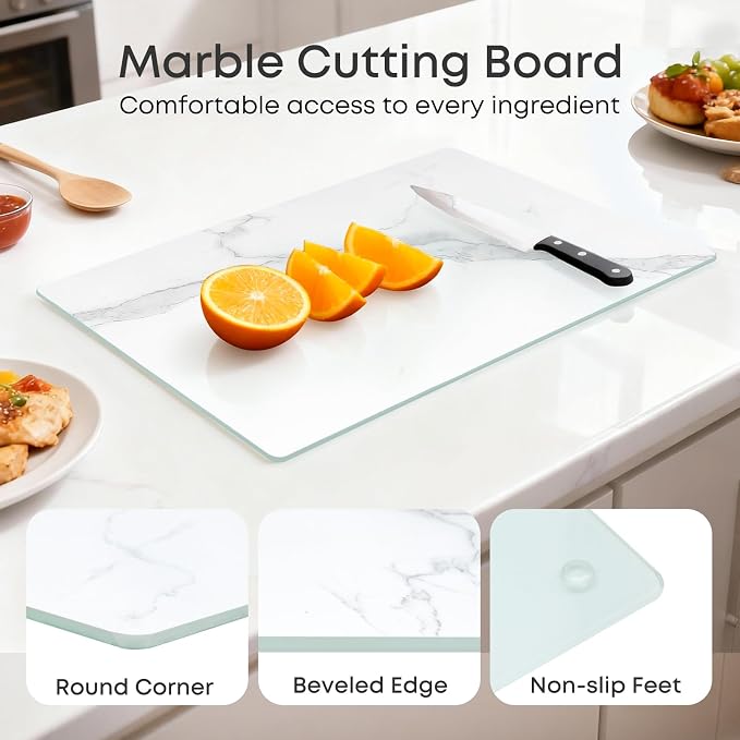 Murrey Home Glass Cutting Board for Kitchen Counter, Tempered Glass Chopping Boards Dishwasher Safe, Small Clear Countertop Tray, Scratch Resistant, Heat Resistant, Non Toxic, White Marble, 12"x8"