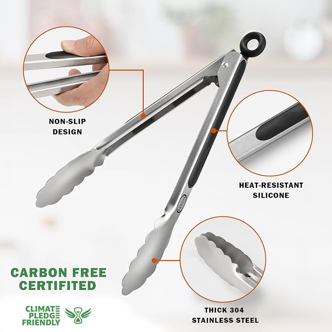 TACGEA Stainless Steel Kitchen Tongs, Silicone Non-slip Grip, Locking Grilling Food Tongs Set of 2, 9-inch & 12-inch