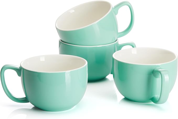 Teocera 16oz Large Coffee Mugs Set of 4 - Thick Mint Green Porcelain Cups for Cappuccino, Latte, Tea & Hot Chocolate - Dishwasher Safe Ceramic with Comfort Grip Handles