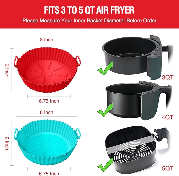 2 Pack Air Fryer Silicone Liners Pot for 3 to 5 QT, Basket Bowl, Replacement of Flammable Parchment Paper, Reusable Baking Tray Oven Accessories, Red+Blue, (Top 8in, Bottom 6.75in)