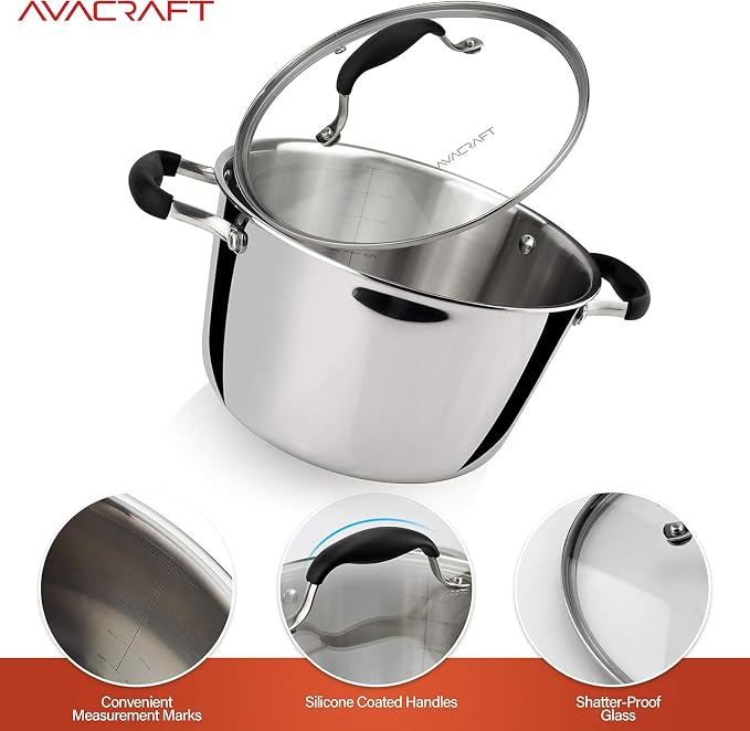 AVACRAFT 5 Quart Tri-Ply 18/10 Stainless Steel Dutch Oven | Full Tri-Ply Body, Tempered Glass Lid, Induction Compatible, Oven Safe, Dishwasher Safe, Even Heat Distribution