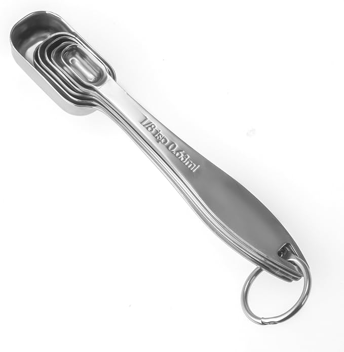 6-Piece 18/8 Stainless Steel Measuring Spoons Set, Silver | Six Engraved US and Metric Sizes From 1/8 TSP to 1 Tbsp Fit Narrow Spice Jars and Stay Together On an O-shaped Ring