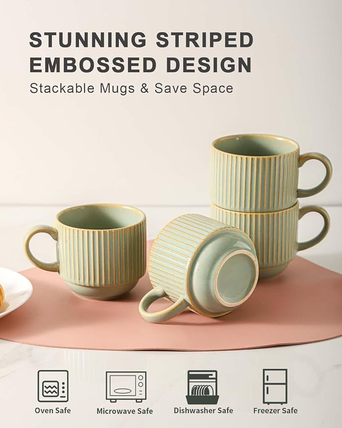 HASENSE Ceramic Coffee Mugs Set of 4 with Rack - 15 oz Stackable Large Porcelain Ribbed Latte Cup Set for Cappuccino, Tea, Hot Cocoa, Drinks - Dishwasher & Microwave Safe, Sage Green