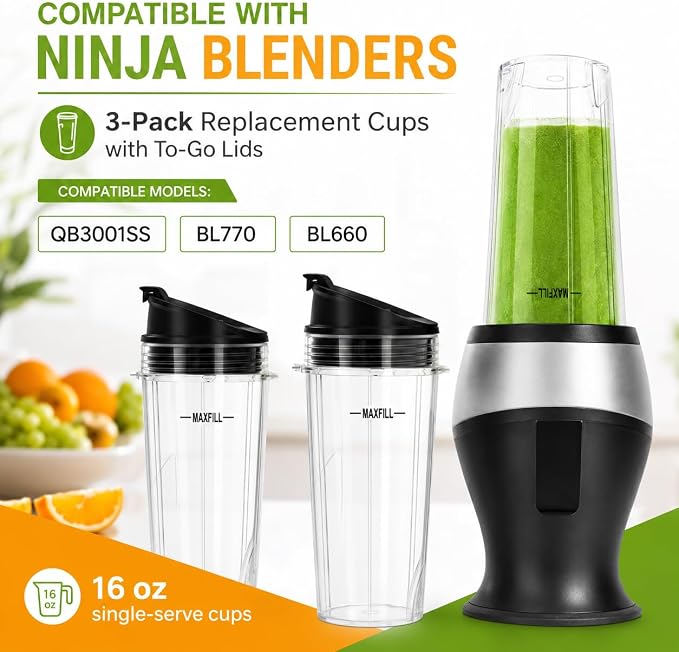 16 oz Ninja Blender Cups Replacement, 3 Pack Cups with Lids, Compatible with QB3001SS, BL660, BL770, BL780, BL740, BL810, 4-Tab Nutri Ninja Blender Cups