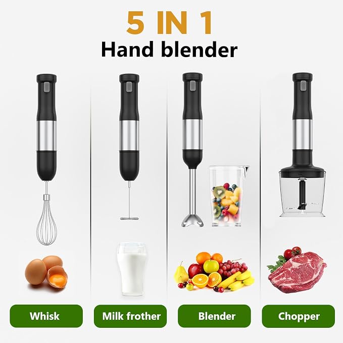 5-in-1 Cordless Immersion Blender with Rechargeable Handheld Battery | Variable-speed 2000mAh Battery，BPA-free&Dishwasher-safe, with Beaker, Chopper, Whisk & Frother for Kitchen, Black