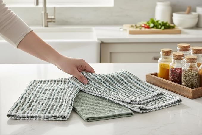 Sage Green Kitchen Dish Towels- Set of 3 100% Cotton Soft Cleaning Drying Absorbent Textured Terry Loop- Oversized 28" x 18" Multipurpose Towels for Everyday Use