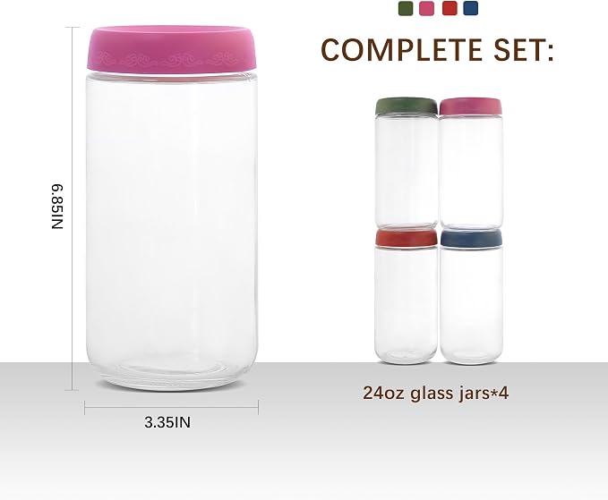 24 OZ Overnight Oats Jars with Lids 4 Pack, Glass Meal Prep Containers, Reusable Food Storage Jars, Airtight Mason Jars for Breakfast, Yogurt Parfait, Salad, Smoothies(4-1)