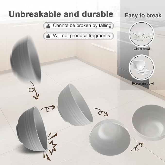 HEYCOME 12 Pcs Unbreakable Cereal Bowls Set, 26 Oz Wheat Straw Bowls Set, Microwave & Dishwasher Safe Bowls for Kitchen, Reusable Plastic Bowls for Soup, Salad and Snack, BPA Free, Light Gray