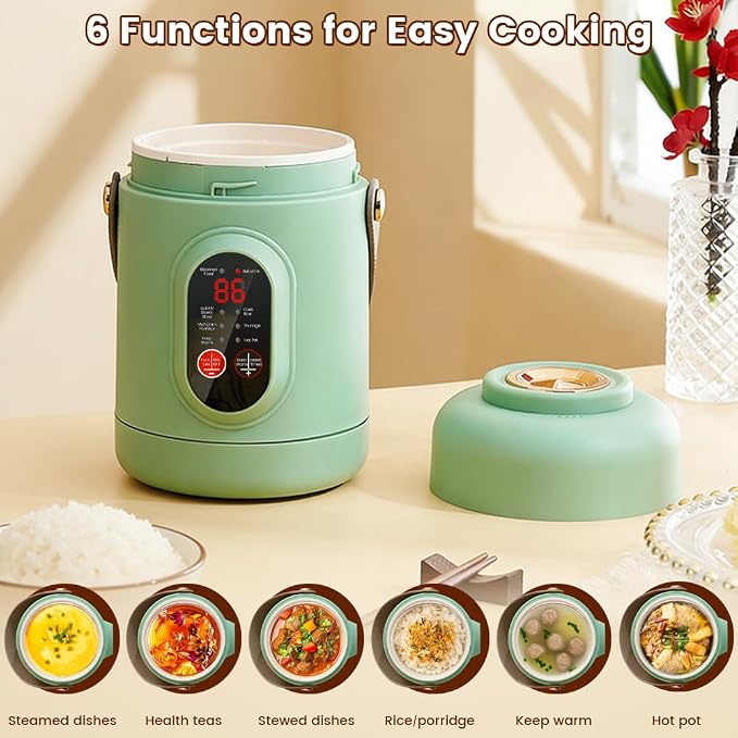 Rice Cooker Small, 500W Rice Maker, 12 Hours Timer Delay & Keep Warm Function, Mini Electric Pot, 800ML Mini Rice Cooker for Travel, Camping, Office (US Plug 110V), Green